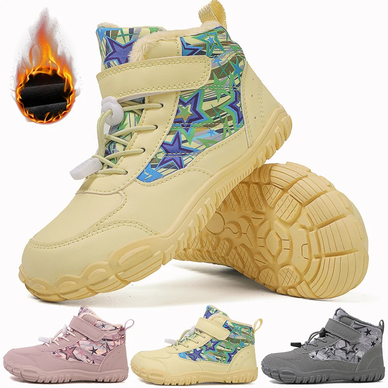 

Детские зимние ботинки босиком, непромокаемые зимние теплые туфли с пятью пальцами и широким носком на меховой подкладке, уличные кроссовки для холодной погоды для мальчиков и девочек