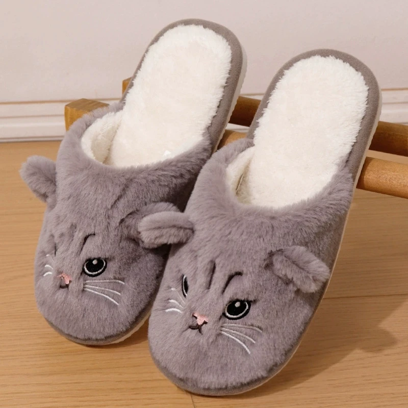 Cartoon Cat Home Slippers for Women Indoor Soft Bottom Flat Heel Cotton Slippers Woman Light Anti Slip Warm Winter Shoes Mujer