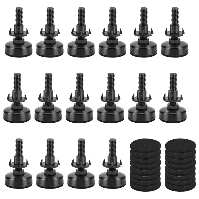 

16 Piece Adjustable Furniture Leveling Feet, Adjustable Leg Levelers Black 3/8Inch-Thread For Cabinets Sofa Tables Chairs Raiser