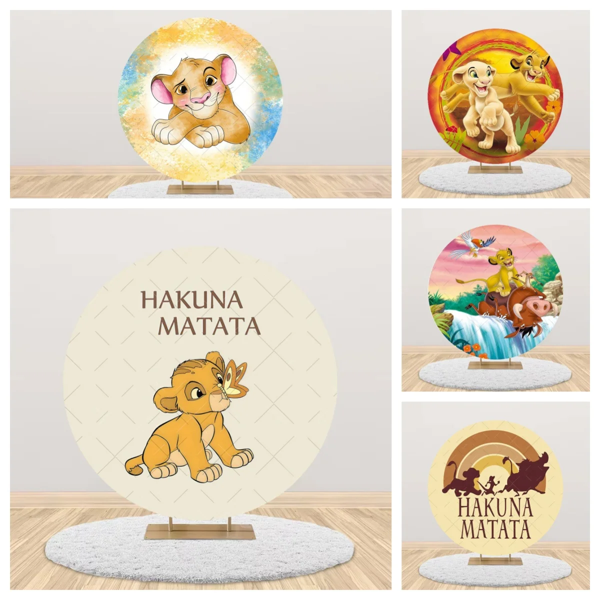 Housse de fond de scène ronde Simba Le Roi Lion personnalisée pour fête d'anniversaire d'enfants, décoration de baby shower, accessoires de photographie circulaires