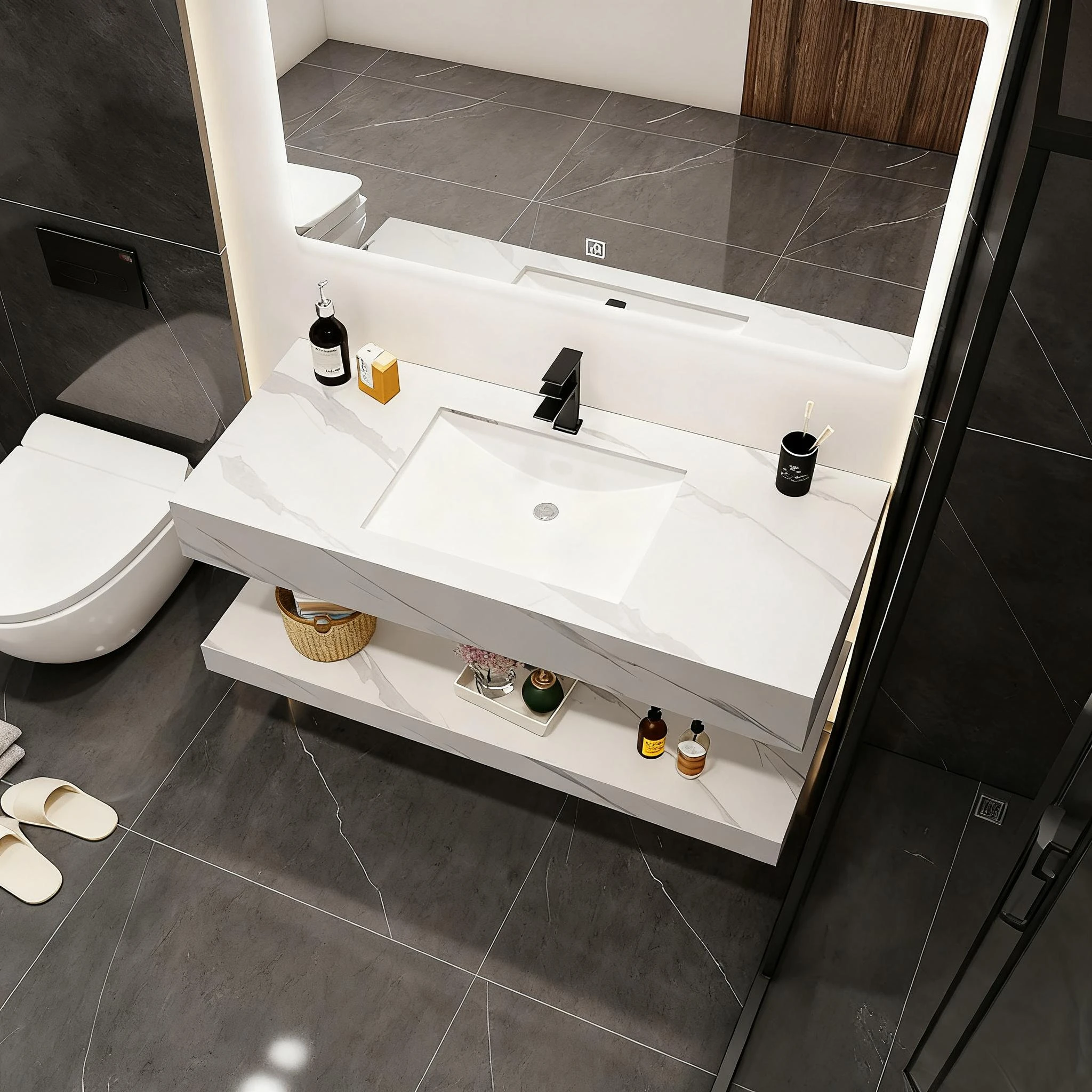 Luxury Modern Hotel Apartment Bathroom Furniture Sets Plywood Cabinets Ceramic Basins Smart Mirrors Wall-mounted Vanity Combo 5