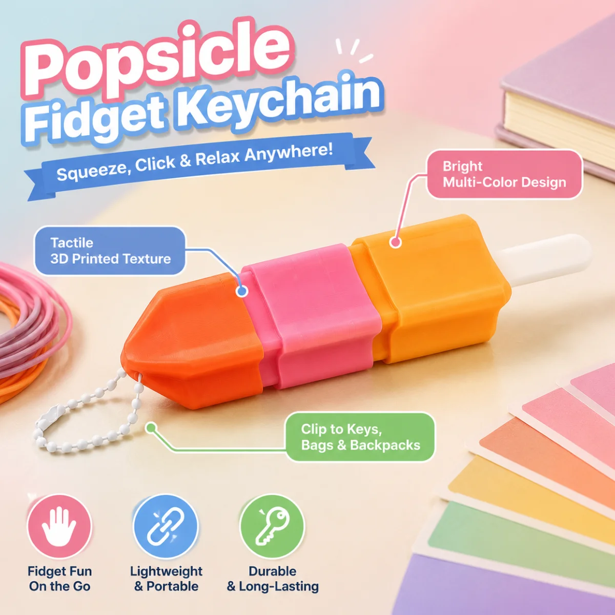 1pc Mini Rocket Popsicle Fidget Charm, Eco-Friendly PLA 3D Printed Summer Dessert Style Backpack Decor Keychain Ornament