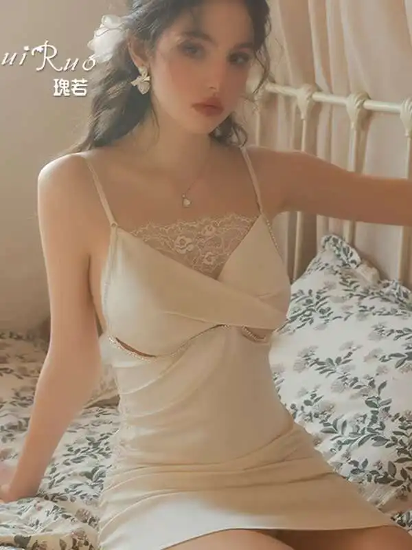 Nowa seksowna sukienka z koronkową siateczką, gładka, z odkrytymi plecami, głęboki dekolt V, na ramiączkach, bez rękawów, elegancka, urocza, w stylu czystej pożądania, casualowa HKEE