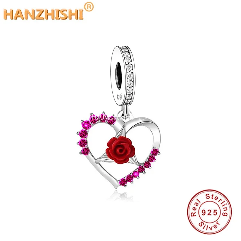 

2023 Valentine's Day Series 925 Sterling Silver Rose Flower Heart Dangle Charm Fit Original Charms Bracelet Necklace Berloque