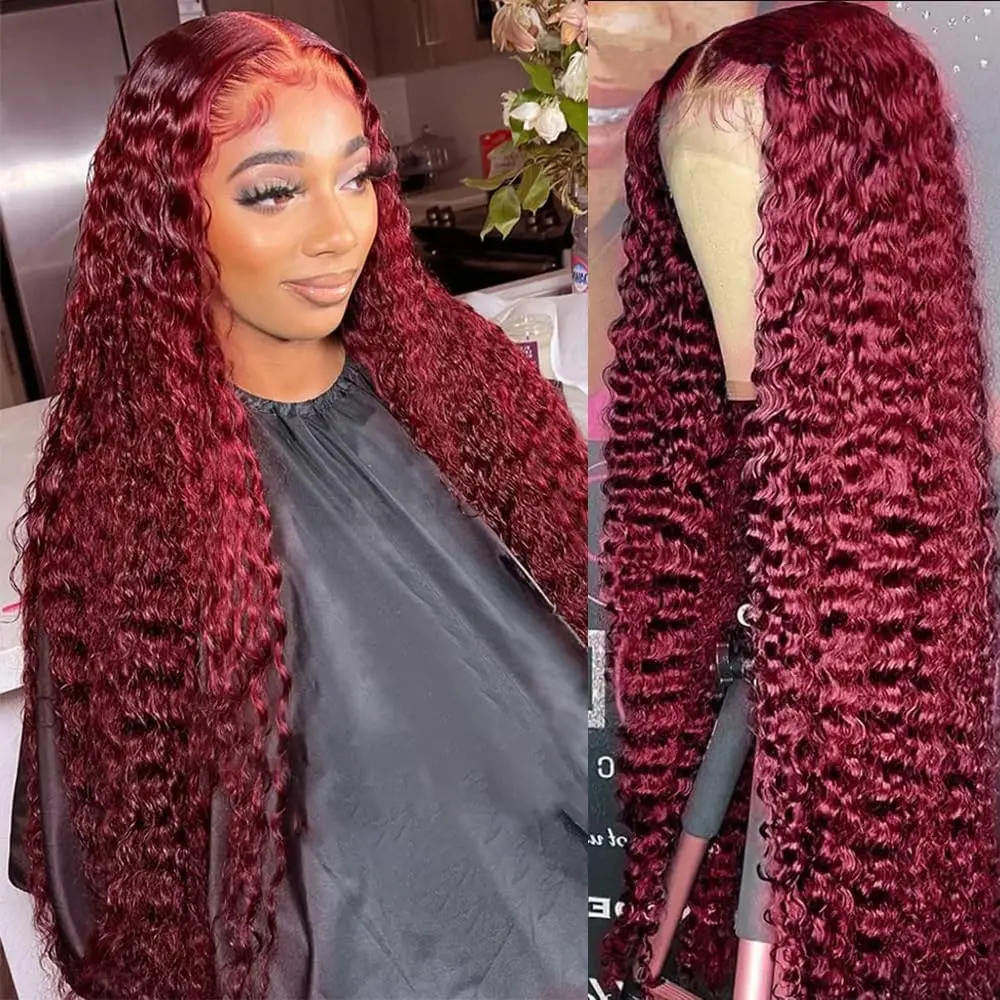 Burgundy 30Inch Deep Wave 99J Lace Front Wigs Human Hair Wigs 13x4 HD Lace Front Wigs Human Hair Pre Plucked Burgundy Wig image 2