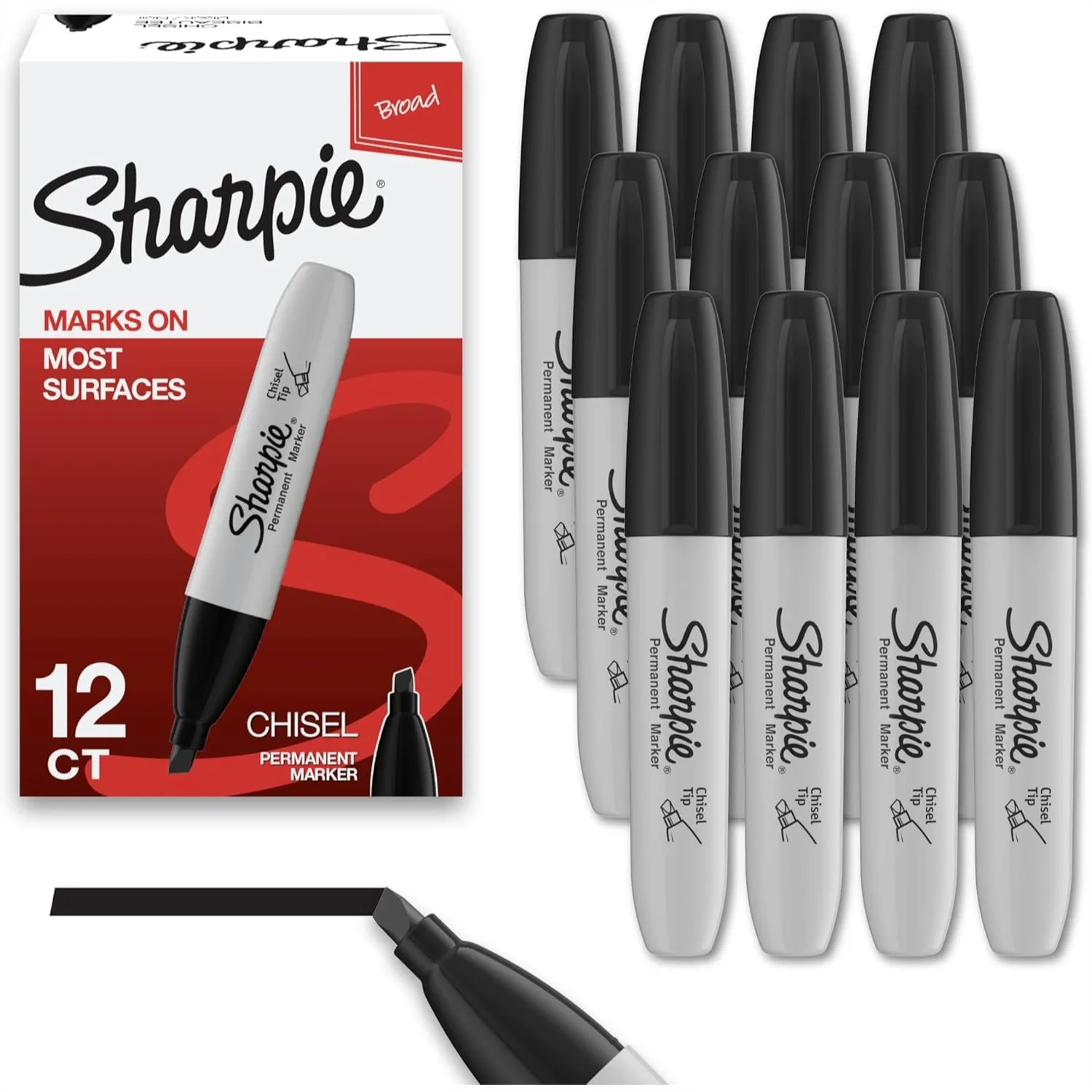 

Permanent Markers, Chisel Tip, Black, 12 Count for Home School Office