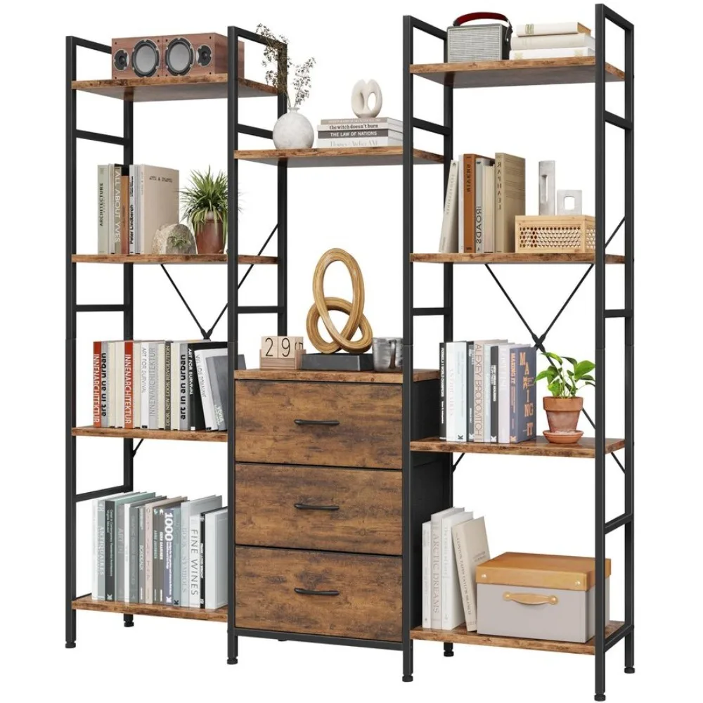 

Triple Bookshelf with 3 Fabric Drawers, 4Tier Book Shelf and 10 Display Shelves, Industrial Large Bookcase for Home amp Office,