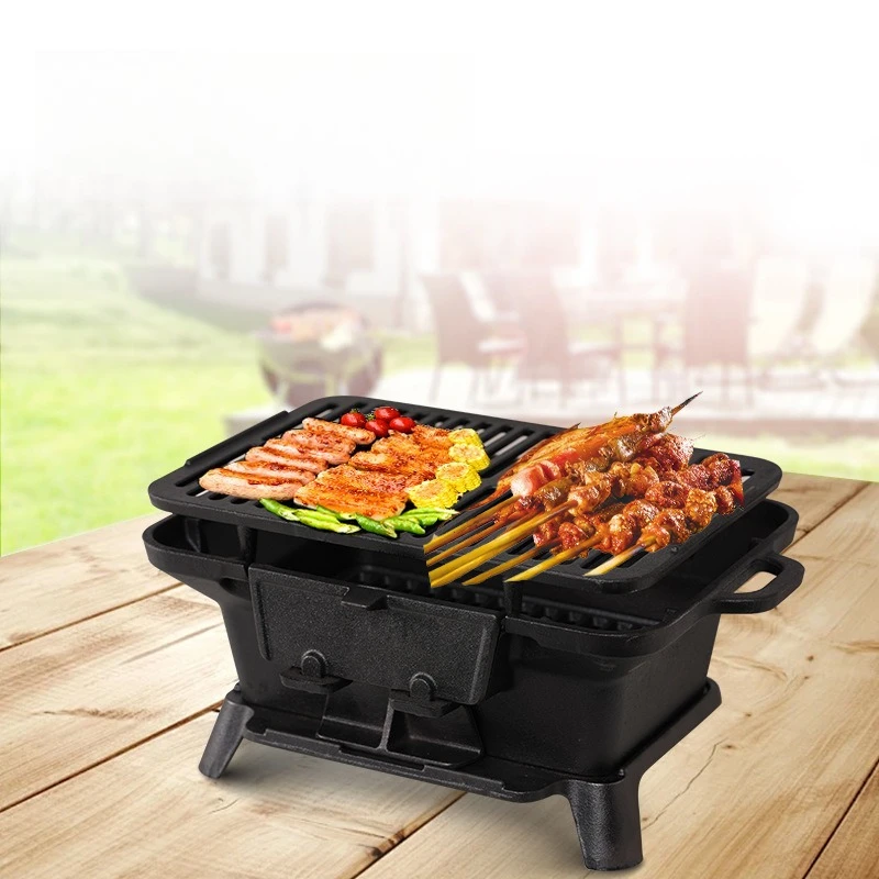 Thick Cast Iron Charcoal Barbecue Grill, Household Large BBQ Stove for Courtyard, Balcony, Camping and Picnic Meat Grilling