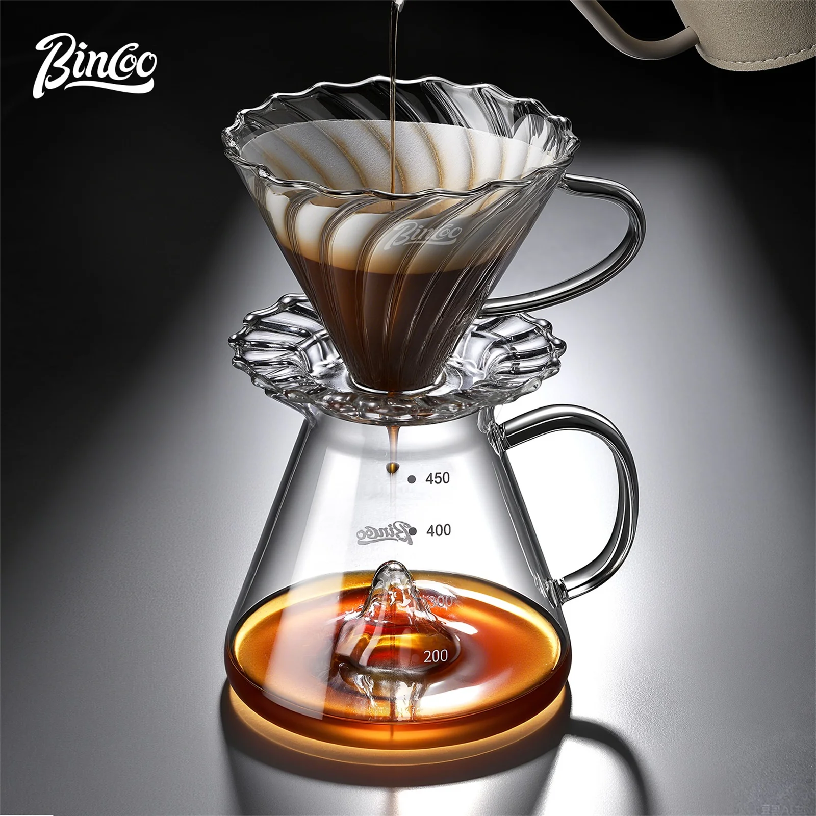 BINCOO Pour Over Coffee Dripper Set 450ml Glass Sharing Pot Funnel Drip Coffee Maker Hand Brew Cup Coffee Set with Filter Paper