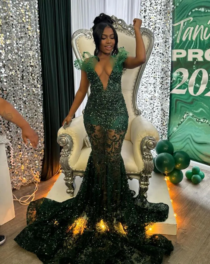 Emerald Green Long Mermaid Evening Dresses for Black Girl Sparkly Applique Gillter Prom Reception Birthday Gown Sheer Mesh