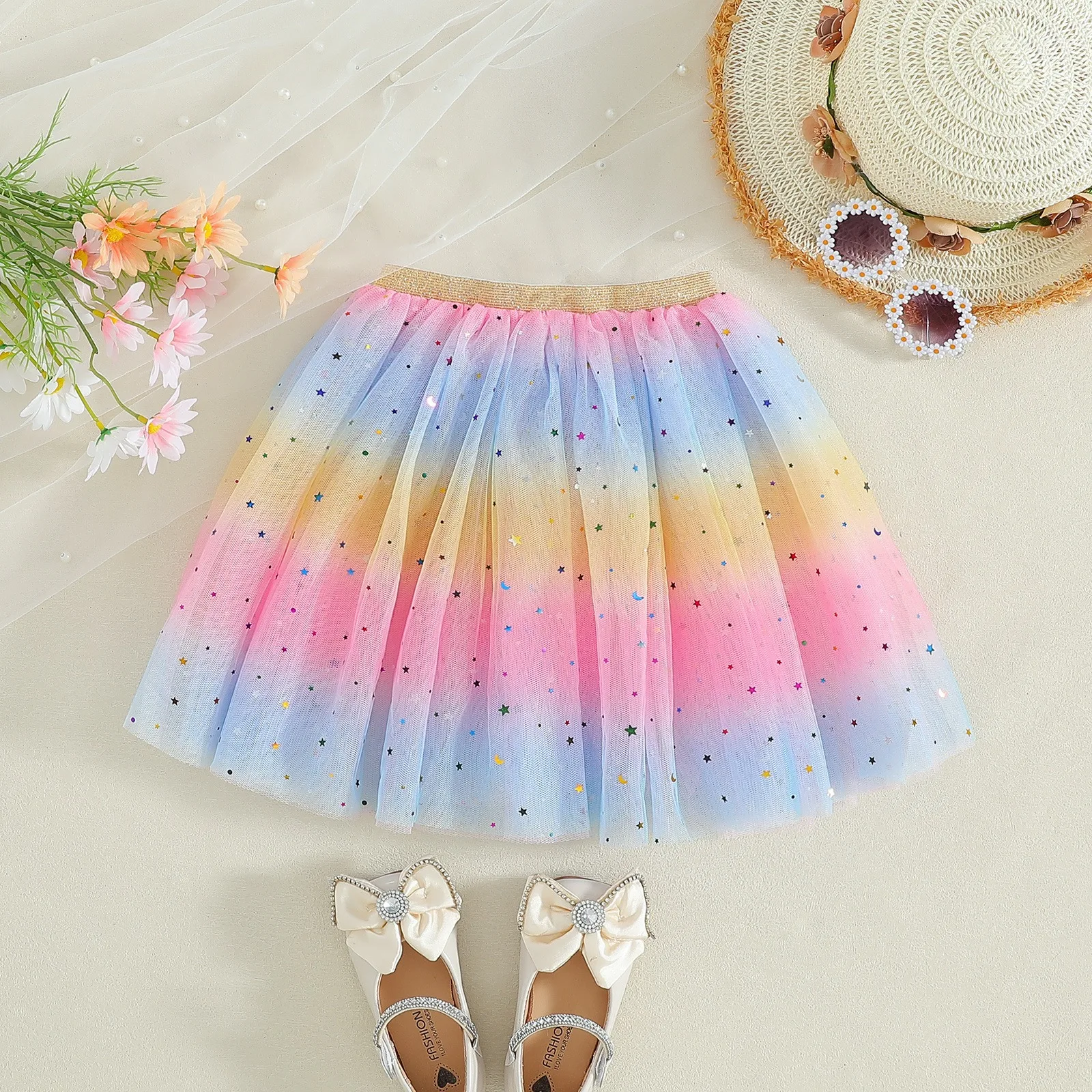 2025 New Girls Tulle Star Short Rainbow Tutu Skirt Children Fancy Ballet Dancewear Party Costume Ball Gown Mini Skirt 2-8Y