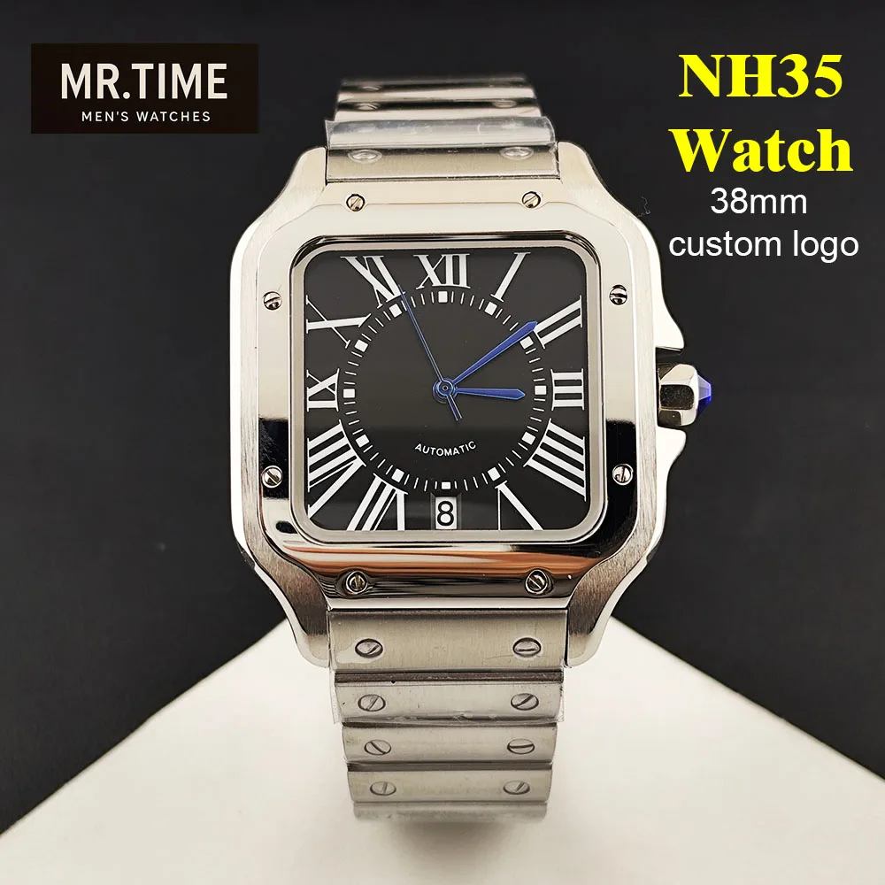 

NH35 watch square black watch 6 o'clock watch men's stainless steel watch automatic mechanical watch for NH35 watch accessories