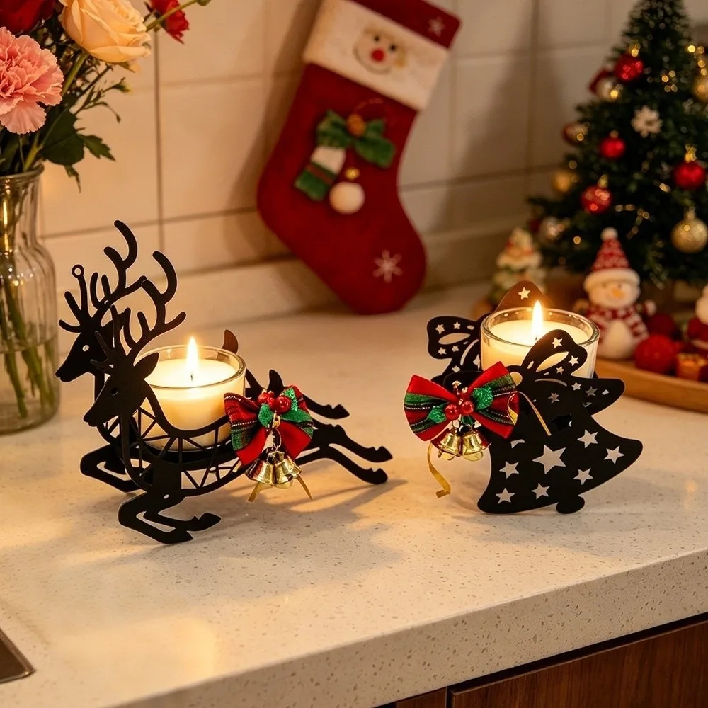 Deer Elk Christmas Candle Holder Snowflake Bow Xmas Desk Decoration Hollowed-out Bell Christmas Ornaments Mantel Decor