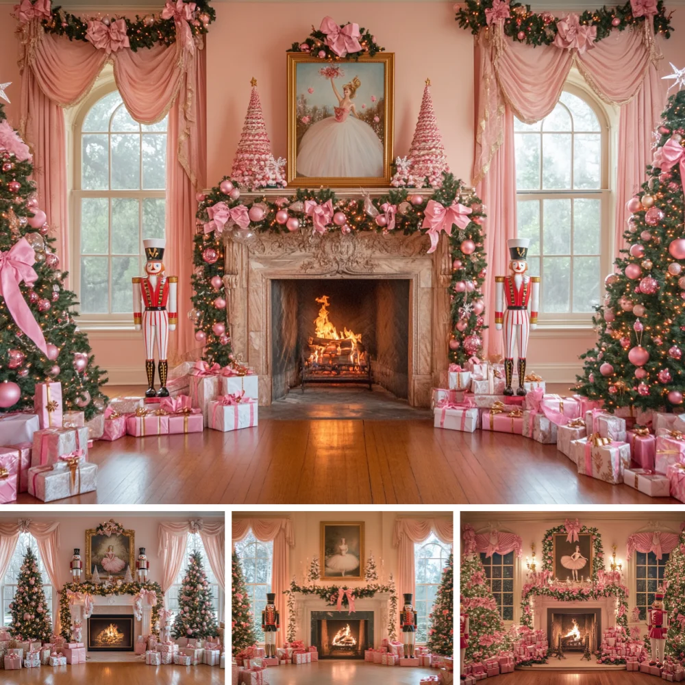 

Pink Fireplace Christmas Backdrop Stone Mantel Pink Floral Garland Nutcracker Window Pink Xmas Tree Gift Box Shoot Background