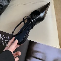 Genuine Black Pointed Toe Shoes for Women New Style Shallow Mouth Cowhide Flat Low Heel Sandals for Ladies Summer Pumps