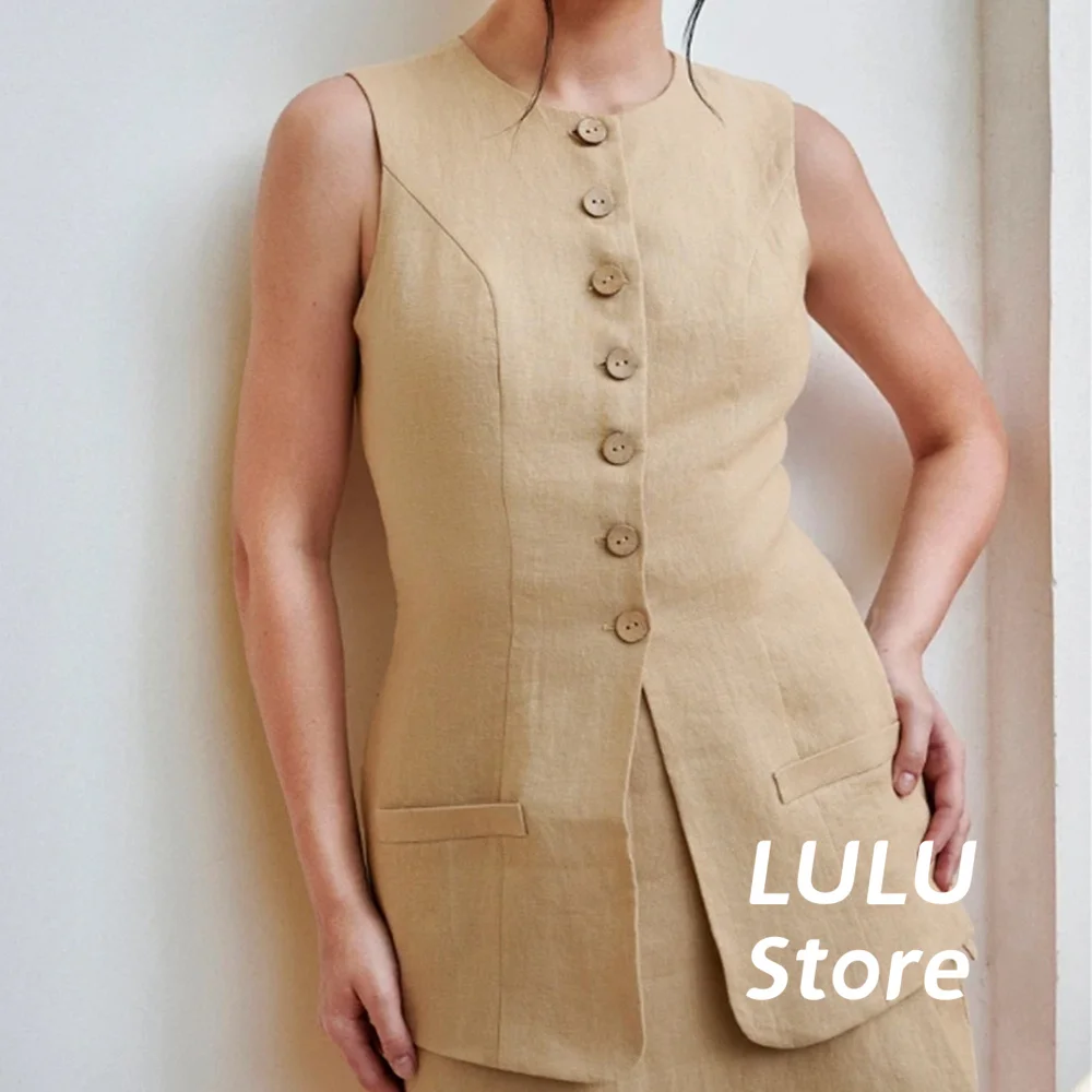 Women's Vest O-Neck Single Breasted Long Khaki With Pockets Suit Vest Coat Female Retro Casual Suit Vests Top chaleco mujer