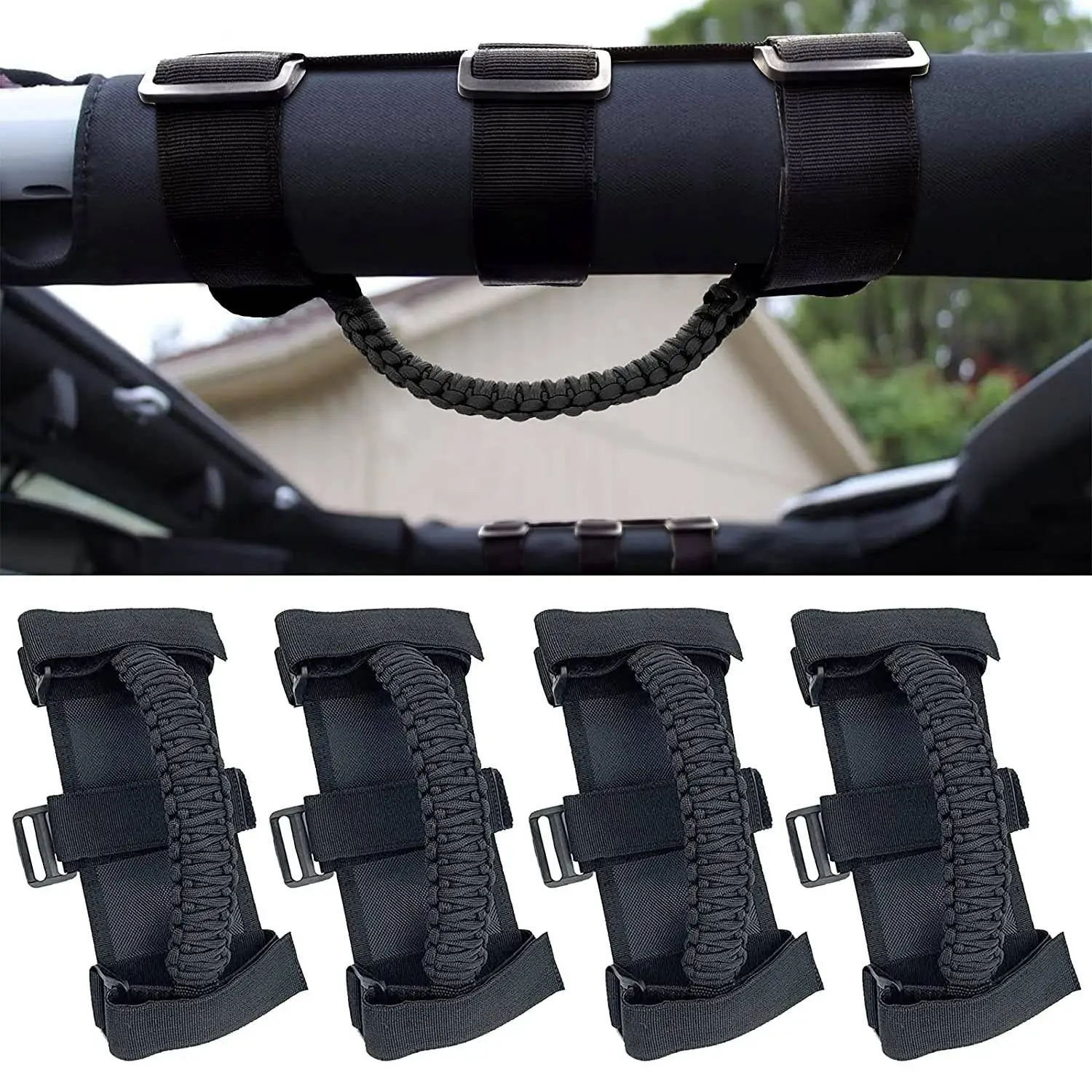 4Pcs/Pack Roll Bar Paracord Grab Handles Grip Handles for Jeep Wrangler JK TJ JL CJ YJ 1985-2021 JT UTV ATV (Black)