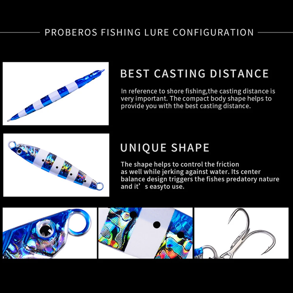 Proberos 5Pcs Luminous Long Shot Metal Jig Jigging Spoon, Shore Casting Jig Drag Cast Sea Bass Lure Artificial Bait Fishing Tack - view 4