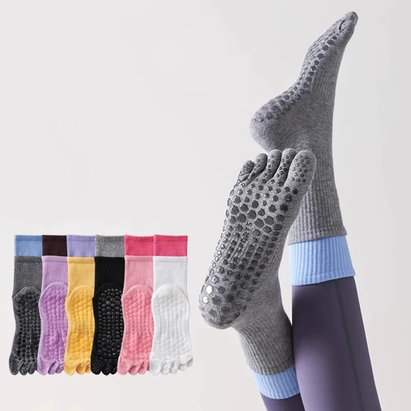 

Носки для йоги с пятью пальцами, дышащие хлопковые носки для пилатеса с пятью пальцами, силиконовые нескользящие профессиональные спортивные носки для тренировок в помещении в тренажерном зале