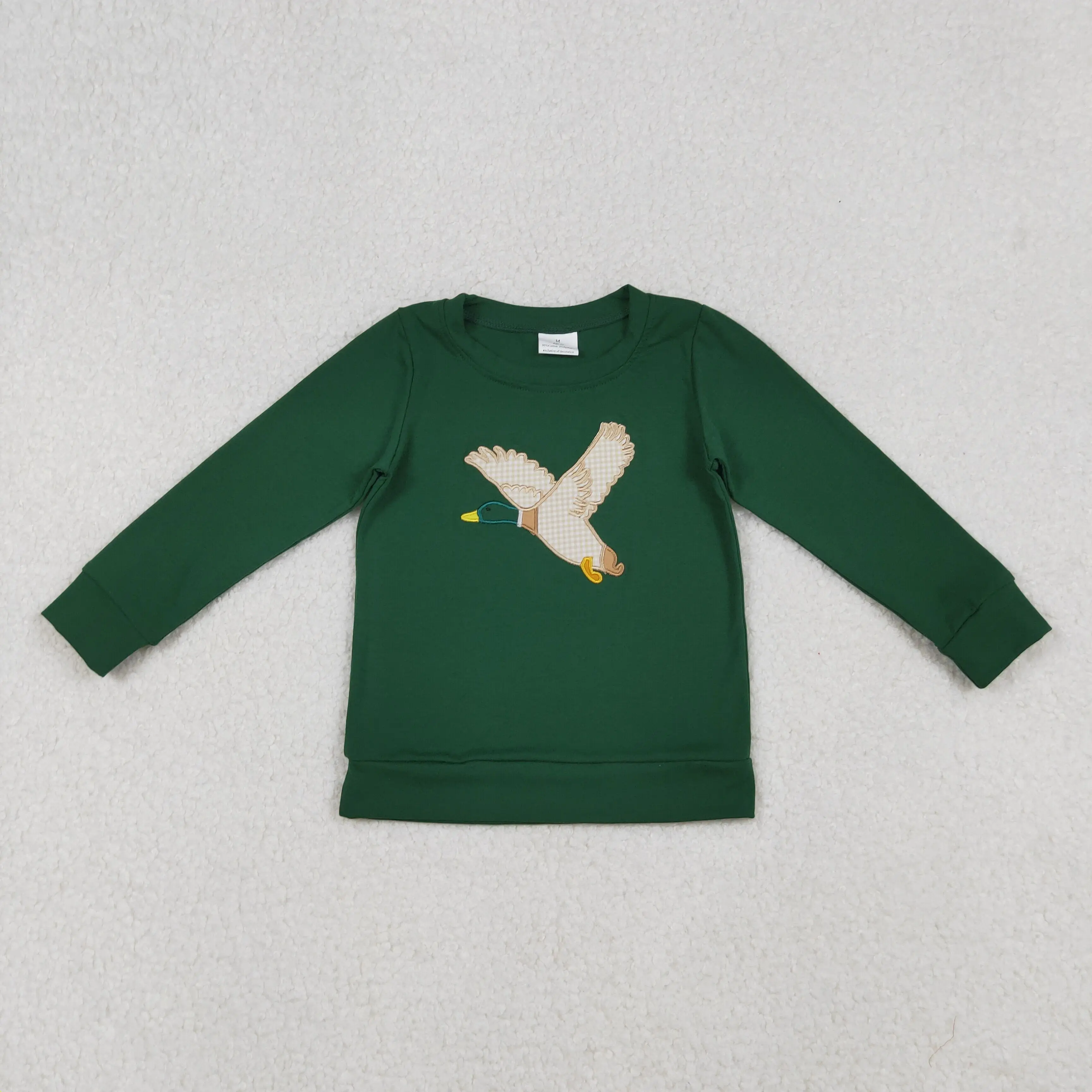 

X9.23 New winter baby boys tops wholesale boutique embroidered duck pattern dark green long sleeve top