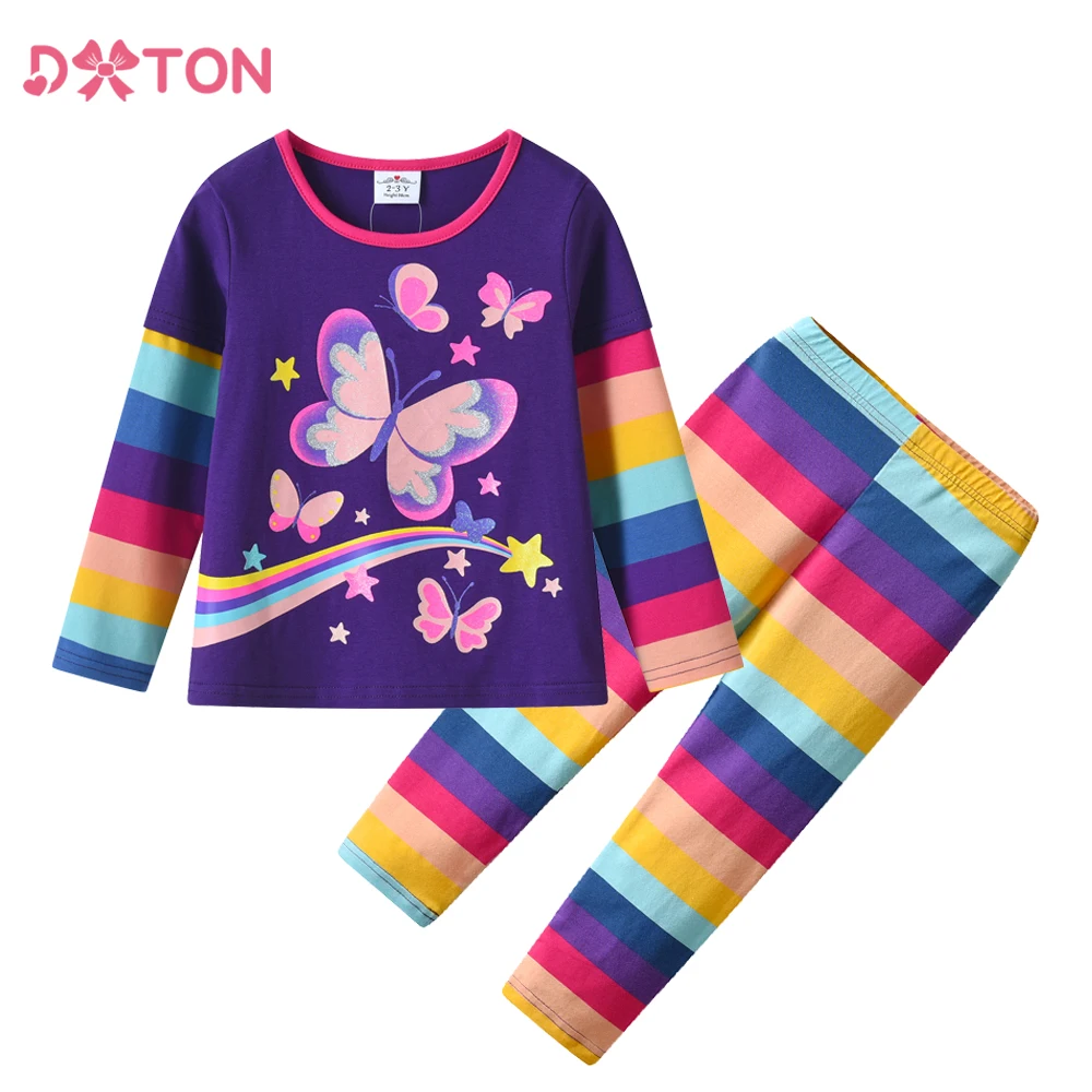 

DXTON Autumn Winter 2PCS Set Girls Cotton Clothes Kids Tops & Pants Children Suit Butterfly Rainbow Casual Toddler Clothing Sets