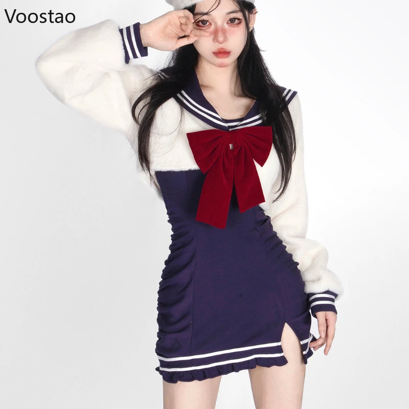 Japanese Sweet Lolita Dress Sets Women Kawaii Preppy Style Bow Sailor Collar Blouse Party Mini Dresses Autumn Winter Jk Uniform