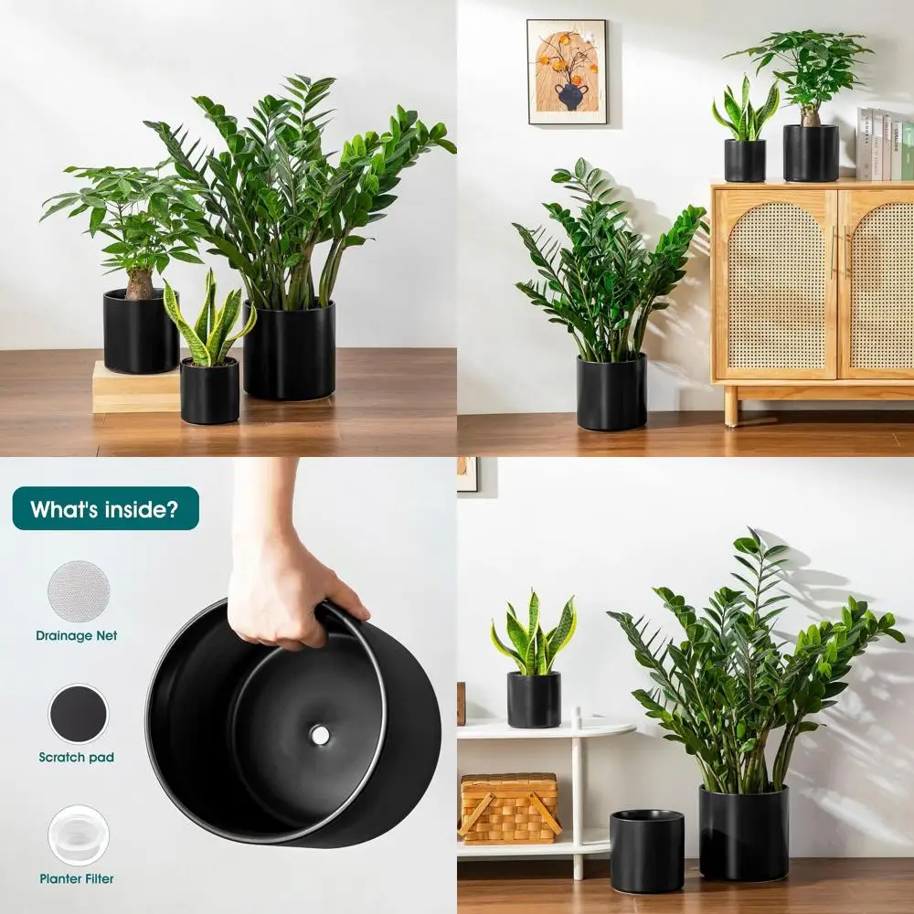 

Set of 3 Black Ceramic Plant Pots, 6-10 Inches, for Outdoor and Indoor Use with Drainage