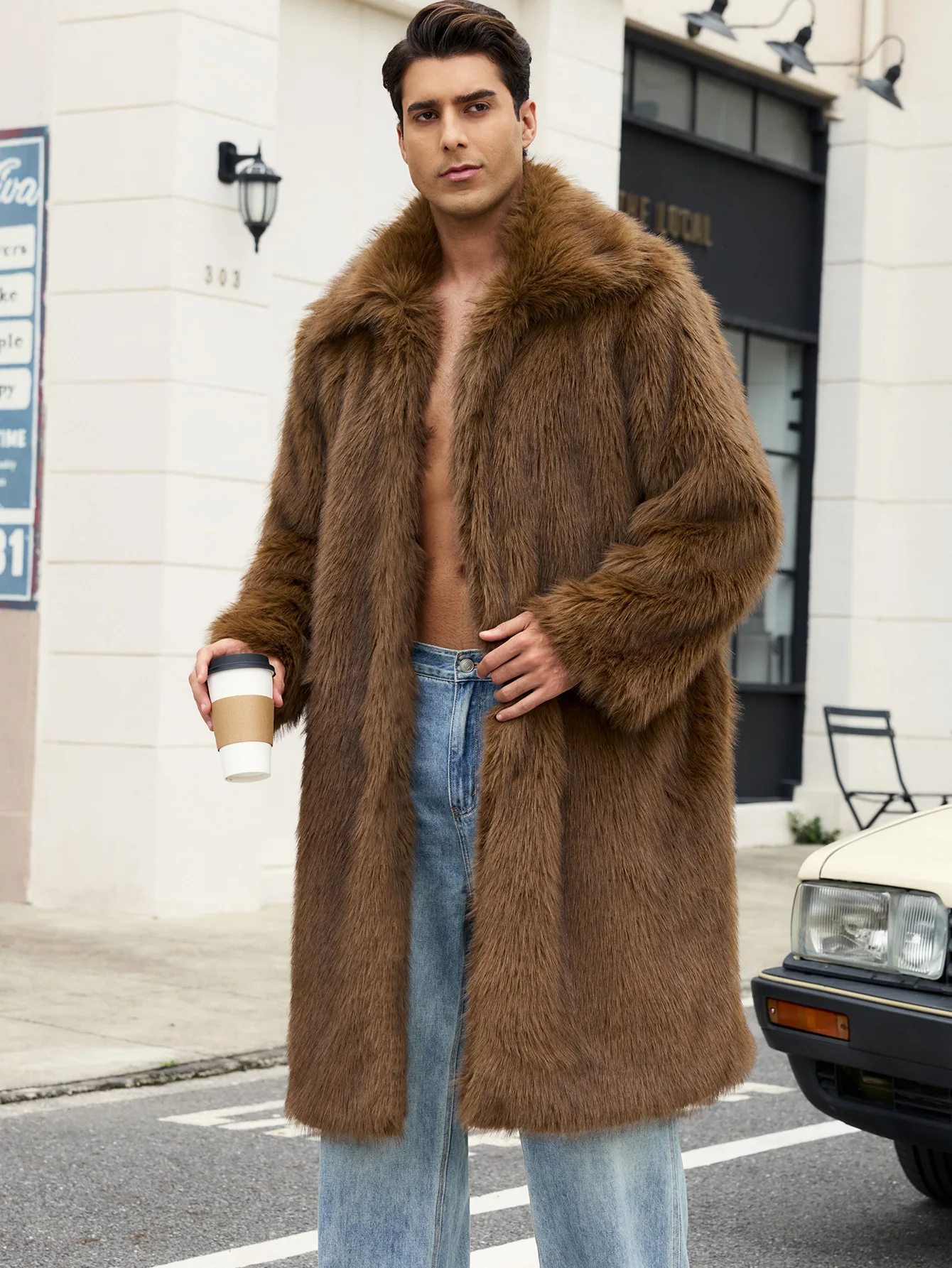 Men's Square Neck Imitation Fur Coat Autumn Winter Long Men's Coat New Item Stylish Men's Outerwear for Fall And Winter Seasons