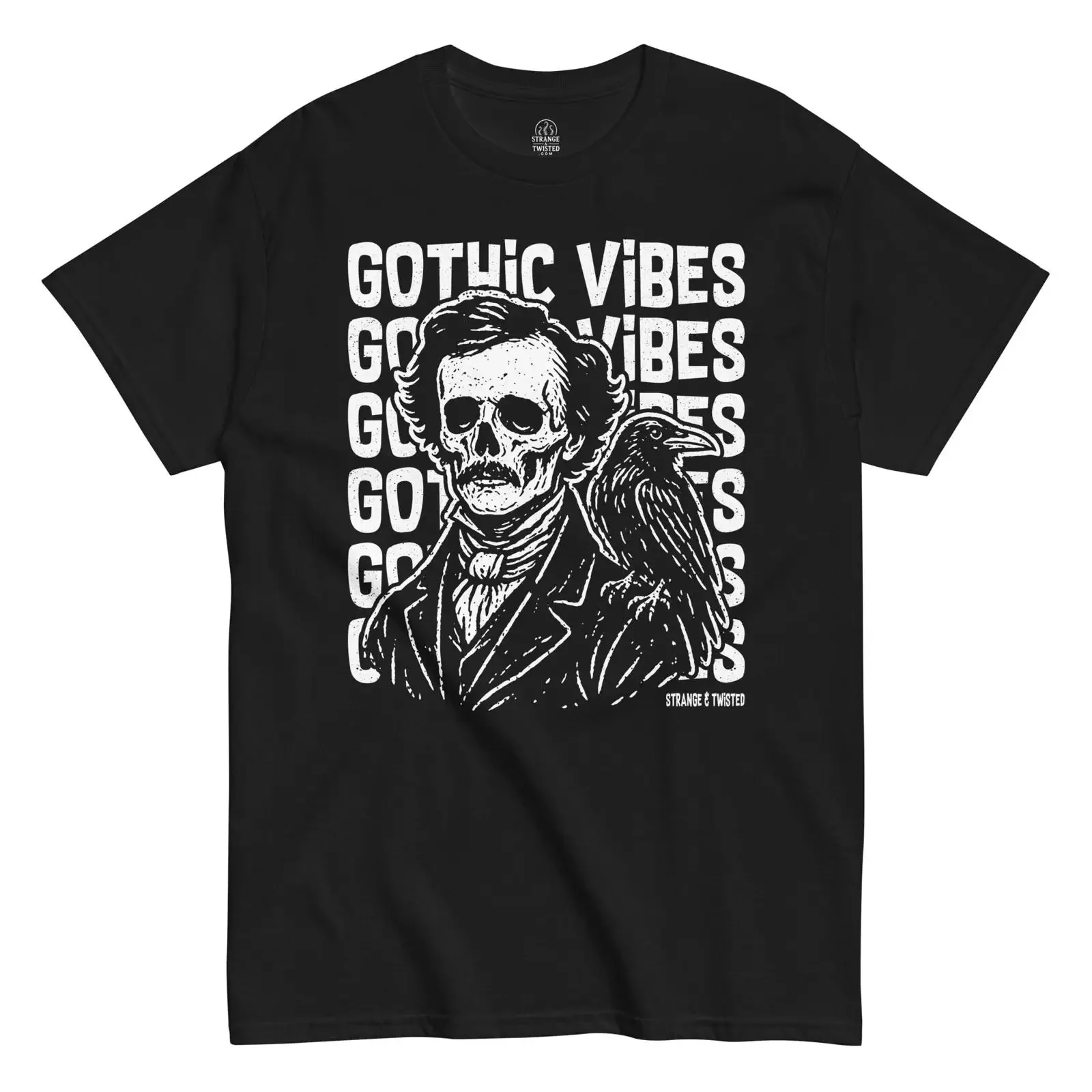 Edgar Allan Poe Gothic Vibes T shirt front view featuring skeletal portrait and raven artwork on black fabric vintage Washed