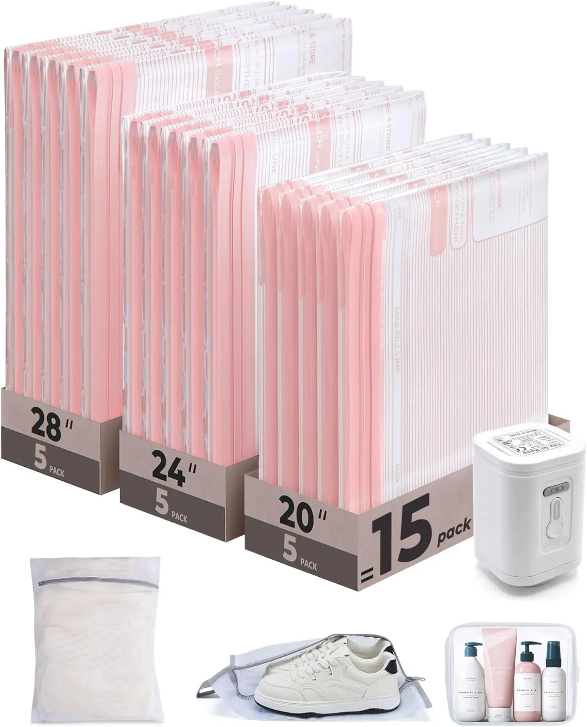 

Travel Vacuum Storage Bags with Rechargeable Pump 18 Pack Includes Shoe Laundry Toiletry