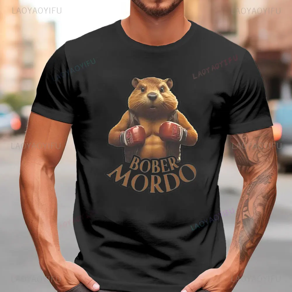 Funny Boxing Beaver Polished Bober Mordo Cotton T-shirt for Men Women Bobr Kurwa Novelty Summer Cotton Cartoon Men Printed Tees