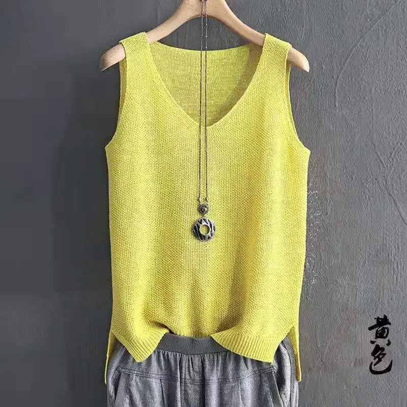 Chaleco con cuello en V para mujer, Tops sueltos de punto fino, Camiseta básica sin mangas de Color sólido, blusas informales, camiseta sin mangas