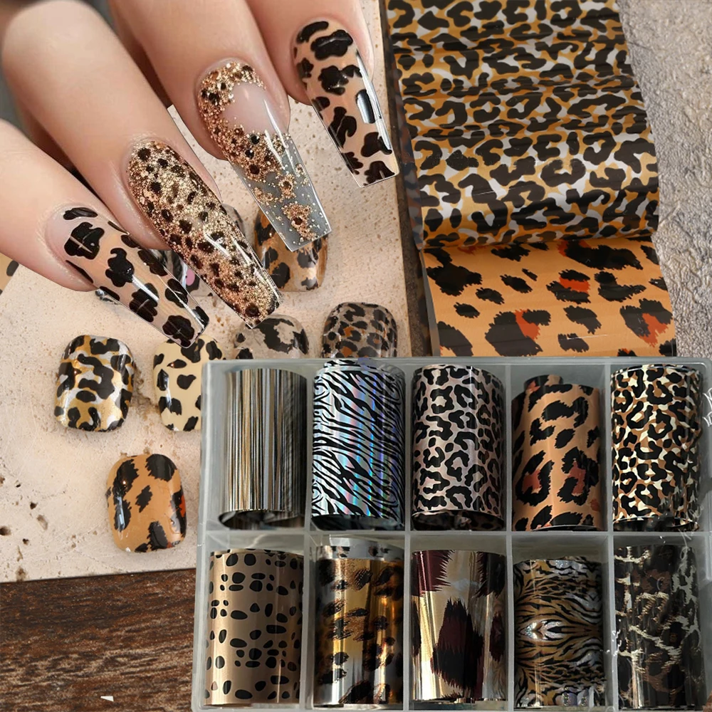 10 rollos de láminas para uñas con estampado de leopardo, pegatinas de transferencia, diseño de animales salvajes, calcomanías de transferencia, decoración de uñas DIY para otoño e invierno
