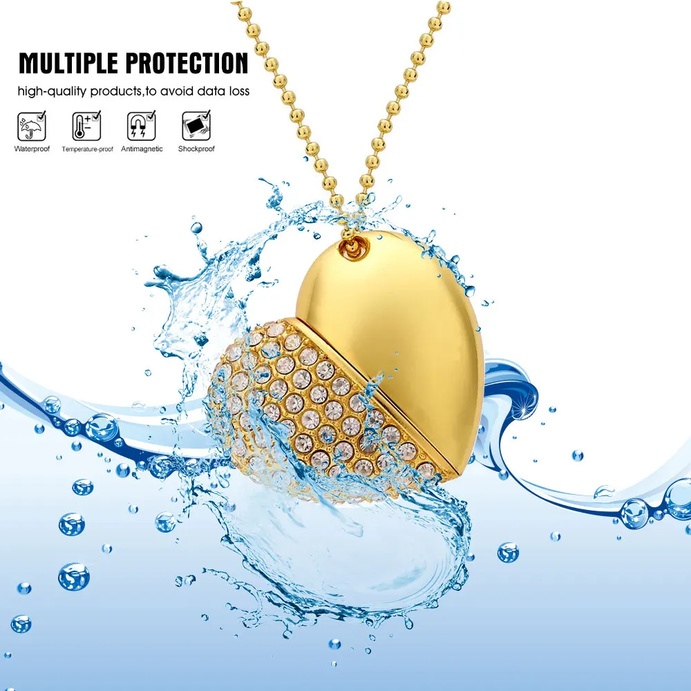 1pcs metal diamond love heart shape USB Flash Drives hearts with chain pendrive 4GB 8GB 16GB 32GB 64GB necklace memory stick 2.0