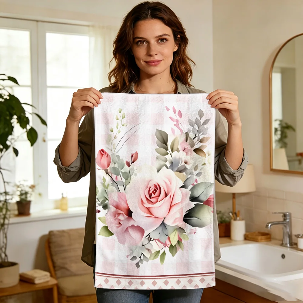 1pc/2pcs Pink Rose Floral Gingham Kitchen Towel-Super Absorbent, Reusable Polyester Dishcloths Perfect for Home Decor, Cooking,