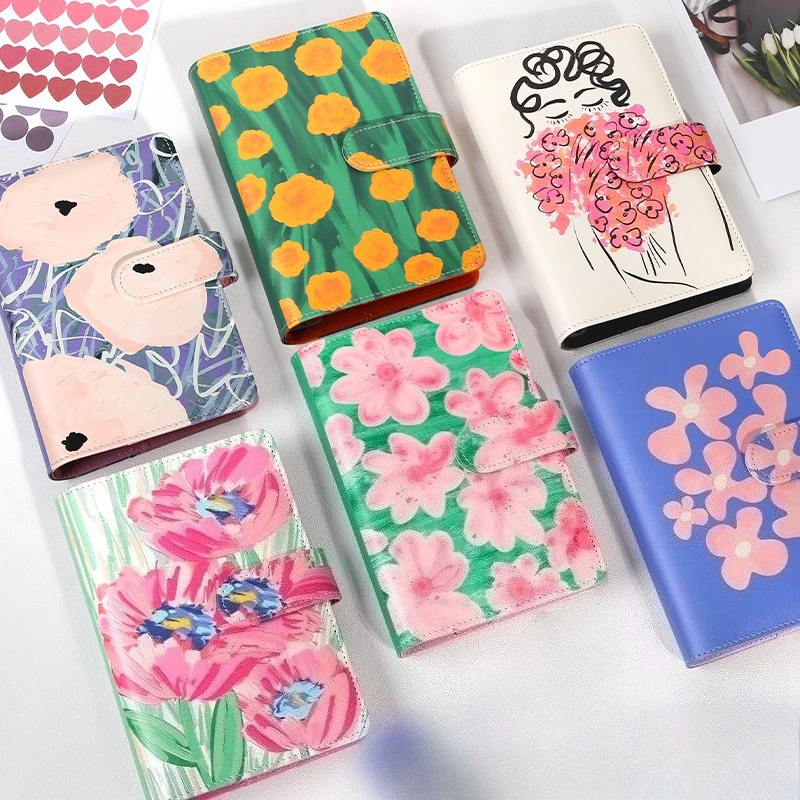 A6 Colorfuo Flowers PU Leather DIY Binder Notebook Only Cover Diary Books Schedule Covers School Stationery