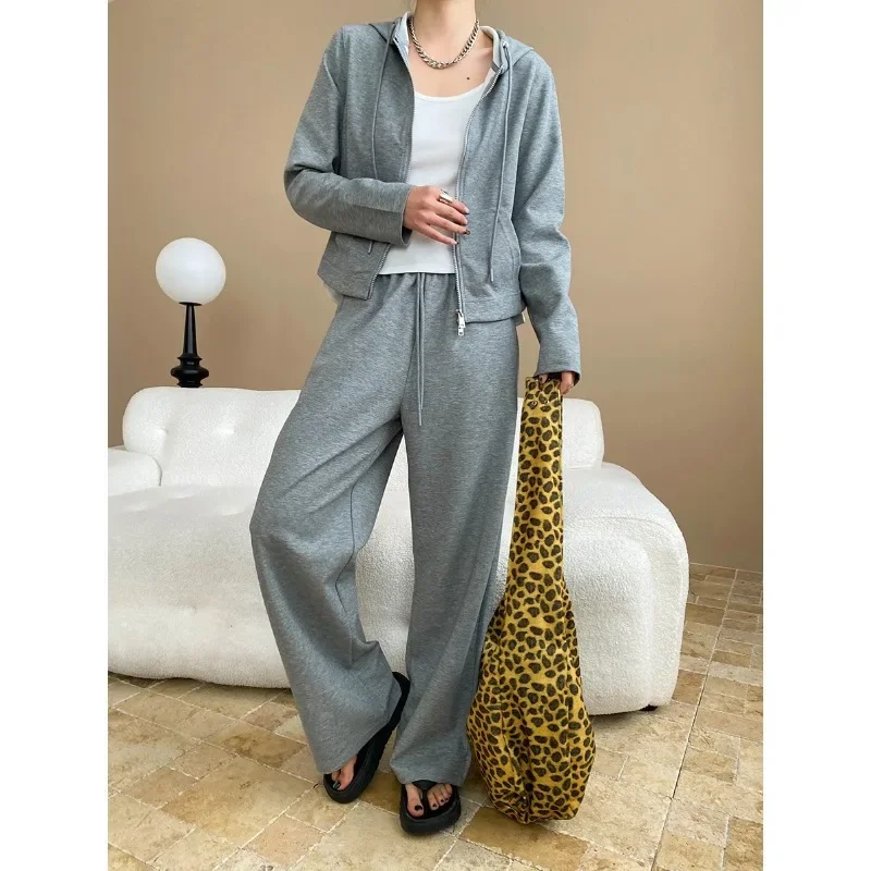 

Comfortable outing, casual drawstring, hooded double zipper sweatshirt coat, wide-leg pants, women's two-piece set
