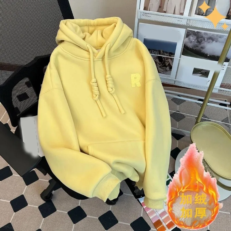 Fluweel verdikt sweatshirt met capuchon en capuchon Herfst en winter Middellange warme effen kleur Veelzijdige top