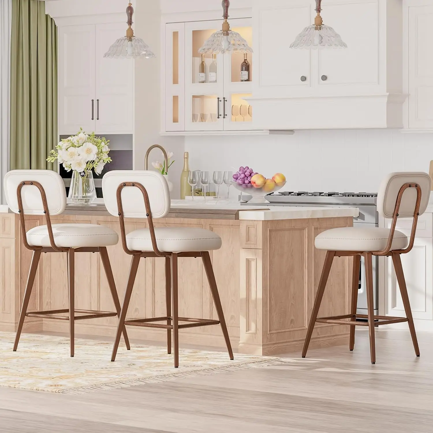 

Set of 3 Mid-Century Modern Bar Stools with PU Leather Seats, Low Back, and Metal Legs for Kitchen Island in Beige