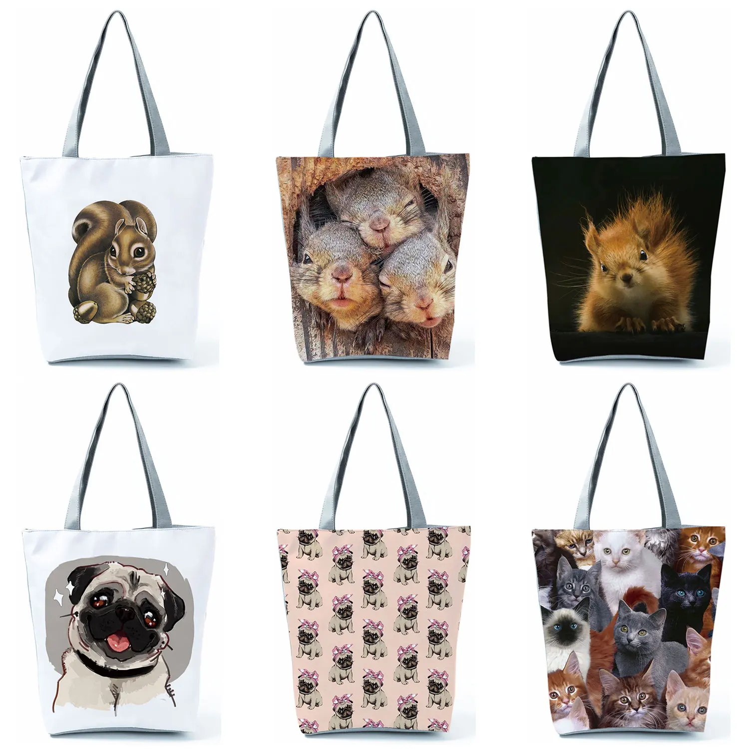 

High Capacity Custom Pattern Female Shoulder Bag Squirrel Handbags Print Bags Eco Reusable Men Lady Shopping Bag Foldable