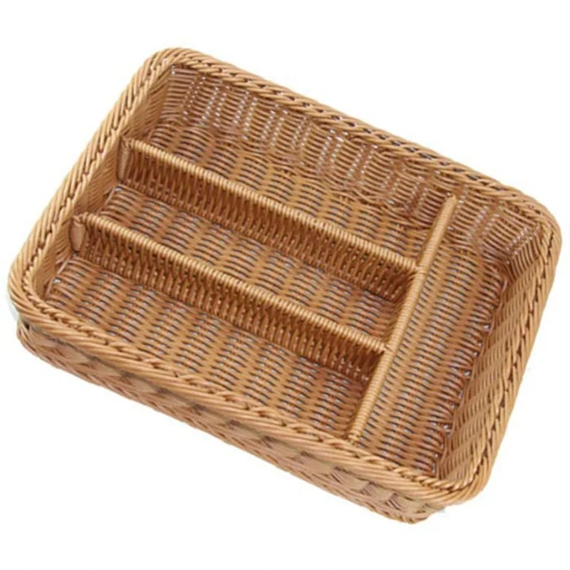 A84M-Kitchen Drawer Organizer Cutlery Storage Basket 4 Compartments Kitchen Forks Knifes Rattan Storage Tray