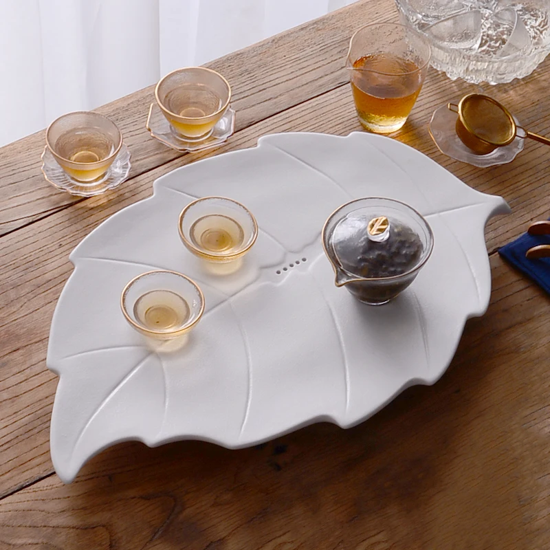 Household ceramic tea tray creative leaf-shaped white porcelain drainage tray  Kung Fu tea table dry and wet dual-purpose tea