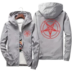 Mens Pentagram Men Church of Satan Baphomet Knights Templar Pentagram Thin Hooded Windbreaker t shirt Coat Pilot Jacket 7XL
