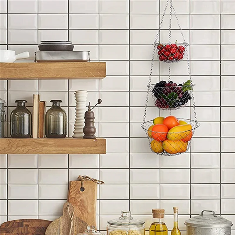 2X 3 Tier Fruit Basket, Vegetable Kitchen Storage Basket Chain Hanging Space Saving Fruits, Plants Storage Basket-BAAQ