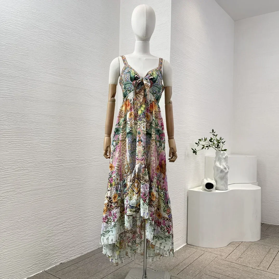 Summer New 2024 Silk Multi-color Floral Leopard Print Sleeveless Sweetheart Neck Diamonds Women Re-tro Beach Style Midi Dress