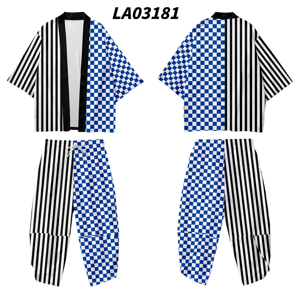 

2pcs Suit Black Blue Loose Chinese Style Japanese Samurai Harajuku Kimono Cardigan Women Men Cosplay Yukata Tops Pants Set