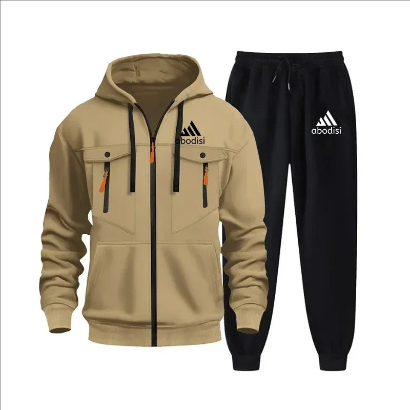 

Осенне-зимний повседневный мужской комплект спортивной одежды: модная уличная толстовка на молнии + спортивные штаны, комплект из двух предметов