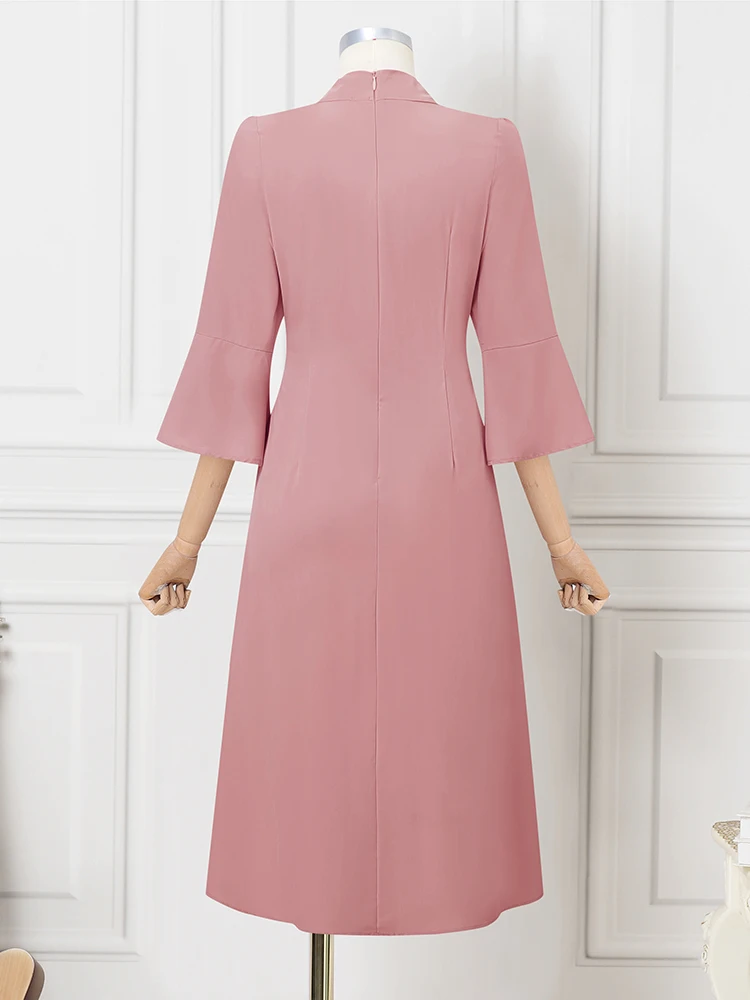 Zanzea elegante escritório senhora vestido feminino gola oco midi vestidos de festa 2025 moda 3/4 manga alargamento plissado robe