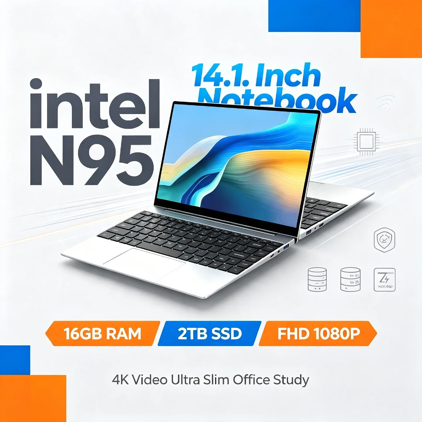 Intel N95 14.1 Inch Laptop 4C4T 3.4GHz 15W 6MB Cache 32GB RAM 1TB 2TB SSD 1920x1080 Notebook Portable Office Study PC Pro