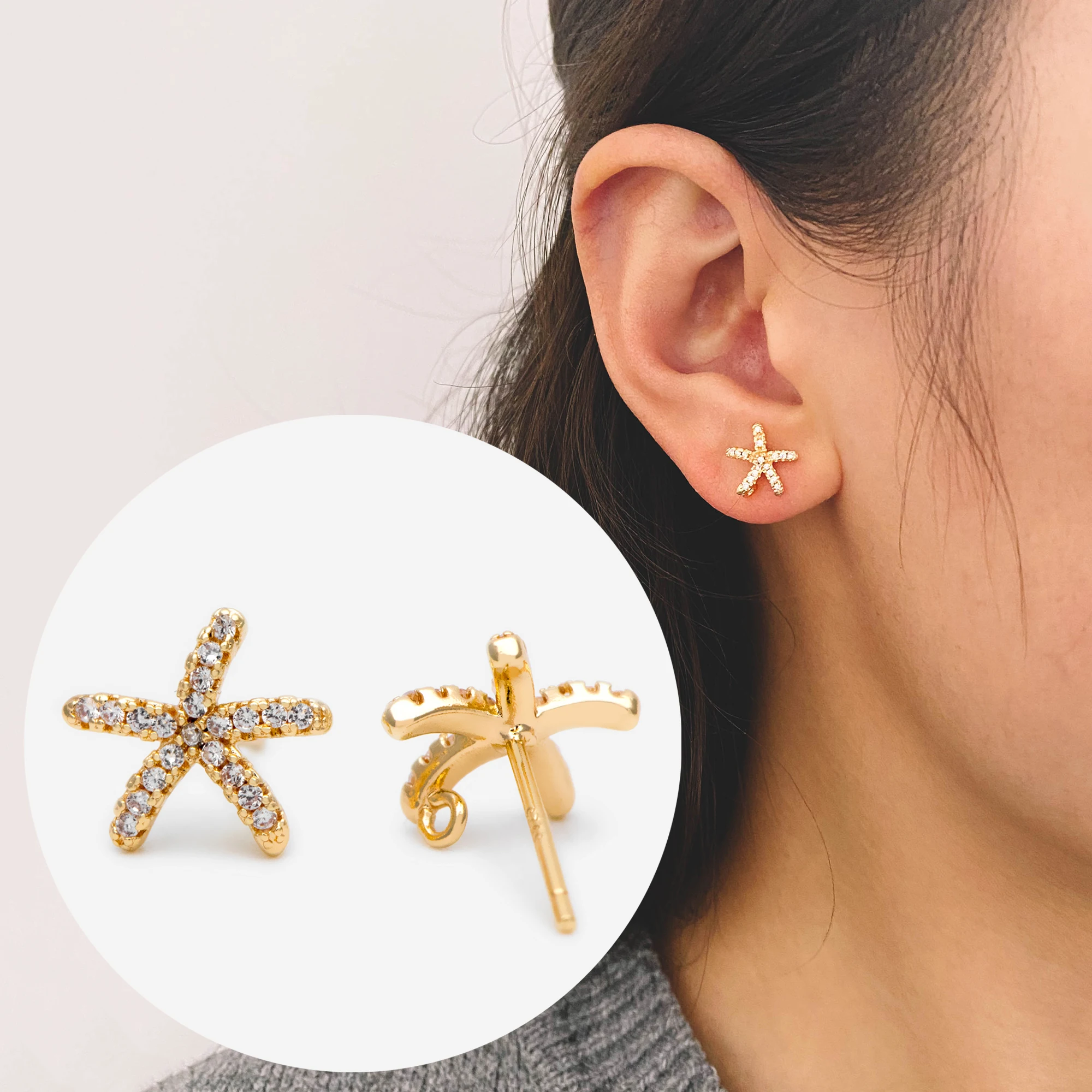 

10pcs CZ Paved Starfish Ear Posts, Real Gold Plated Brass Star Stud Earrings DIY Jewelry Making Handmade Accessories (#GB-1304)